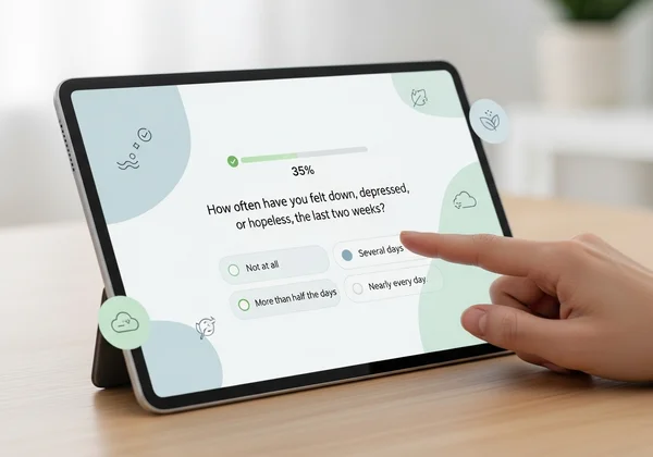 Une utilisatrice interagissant avec une interface de test de santé mentale en ligne