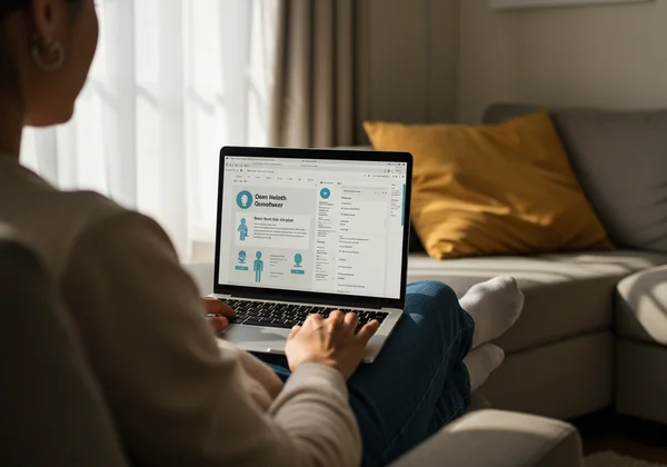 Persona haciendo una prueba de salud mental en una laptop en casa.