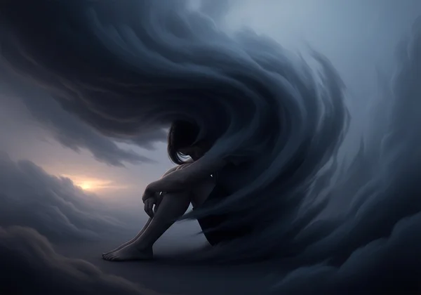 Seseorang yang merasa sedih di bawah awan, melambangkan kemurungan