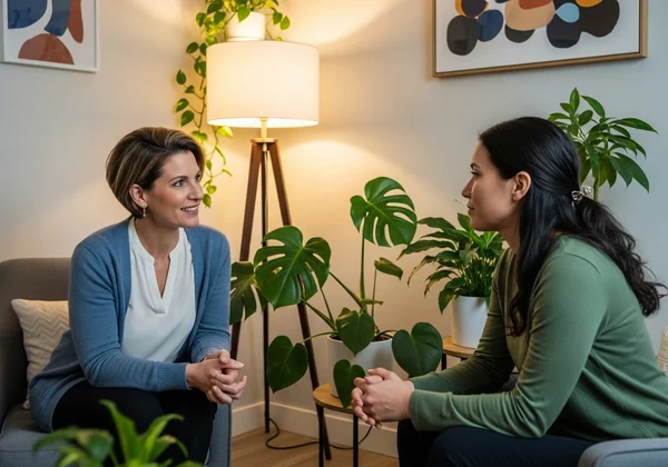 Cliente y terapeuta involucrados en una discusión de apoyo y empática