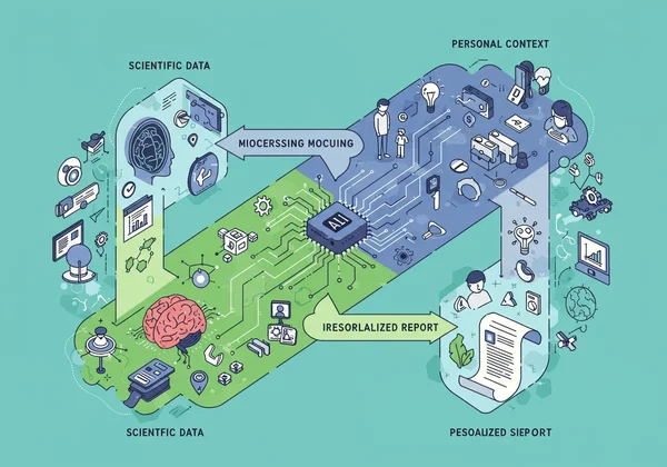 Diagrama que muestra la IA sintetizando datos clínicos y contexto personal